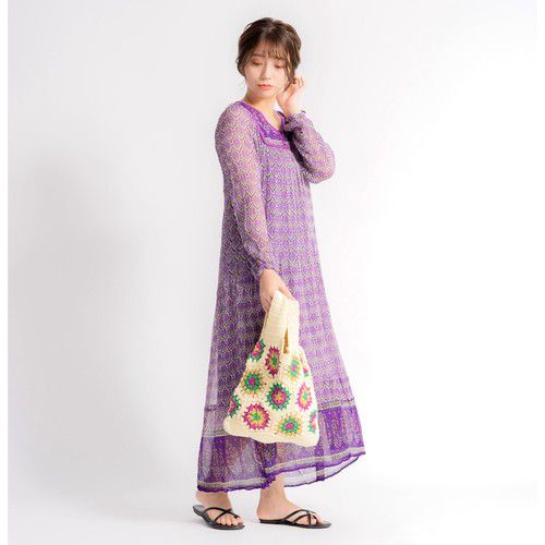 日本 Chepeli - 印度製 雕花編織手提包-夏日花朵-灰