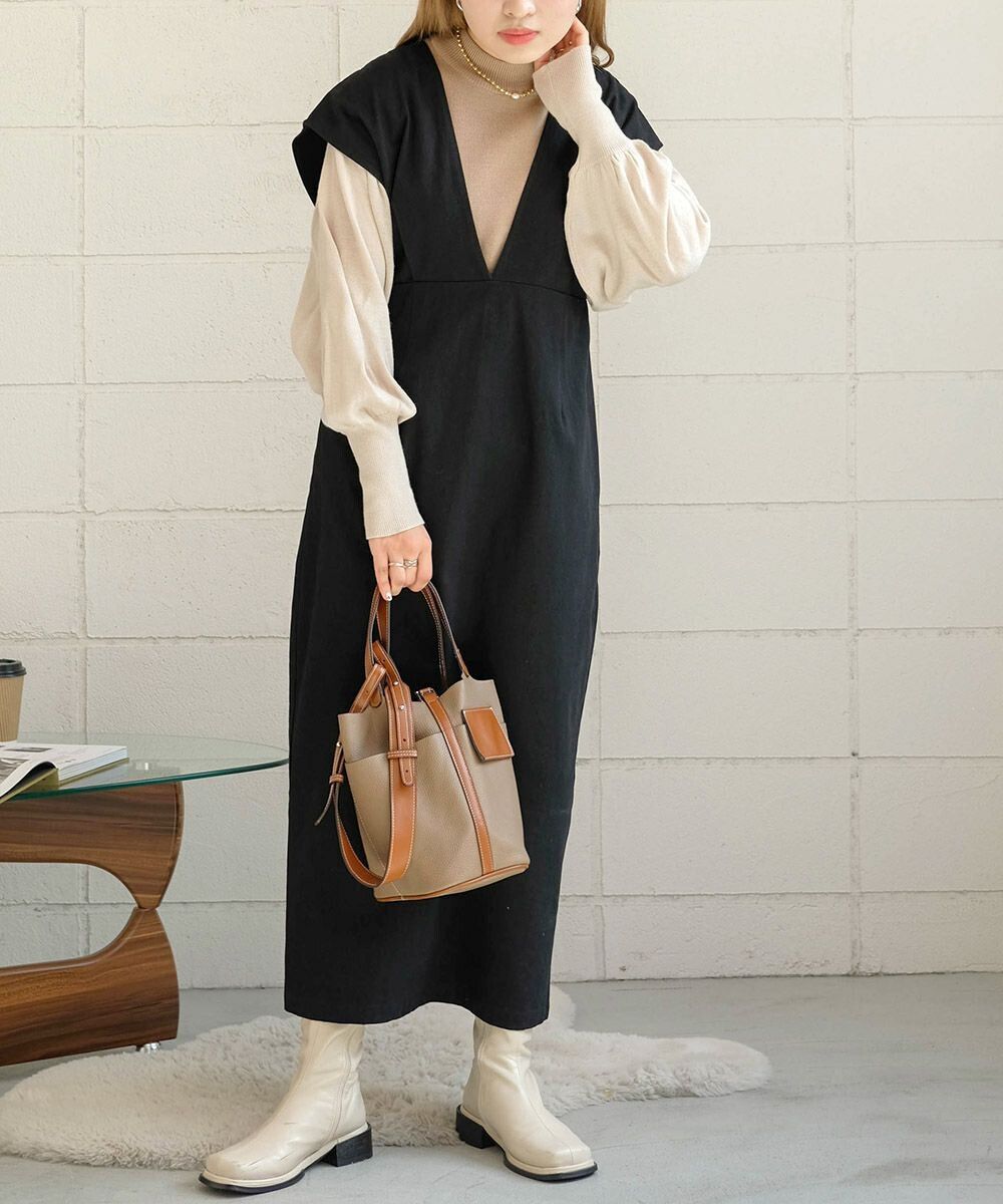 日本 Bab - 知性V領設計綁帶背心裙-深可可