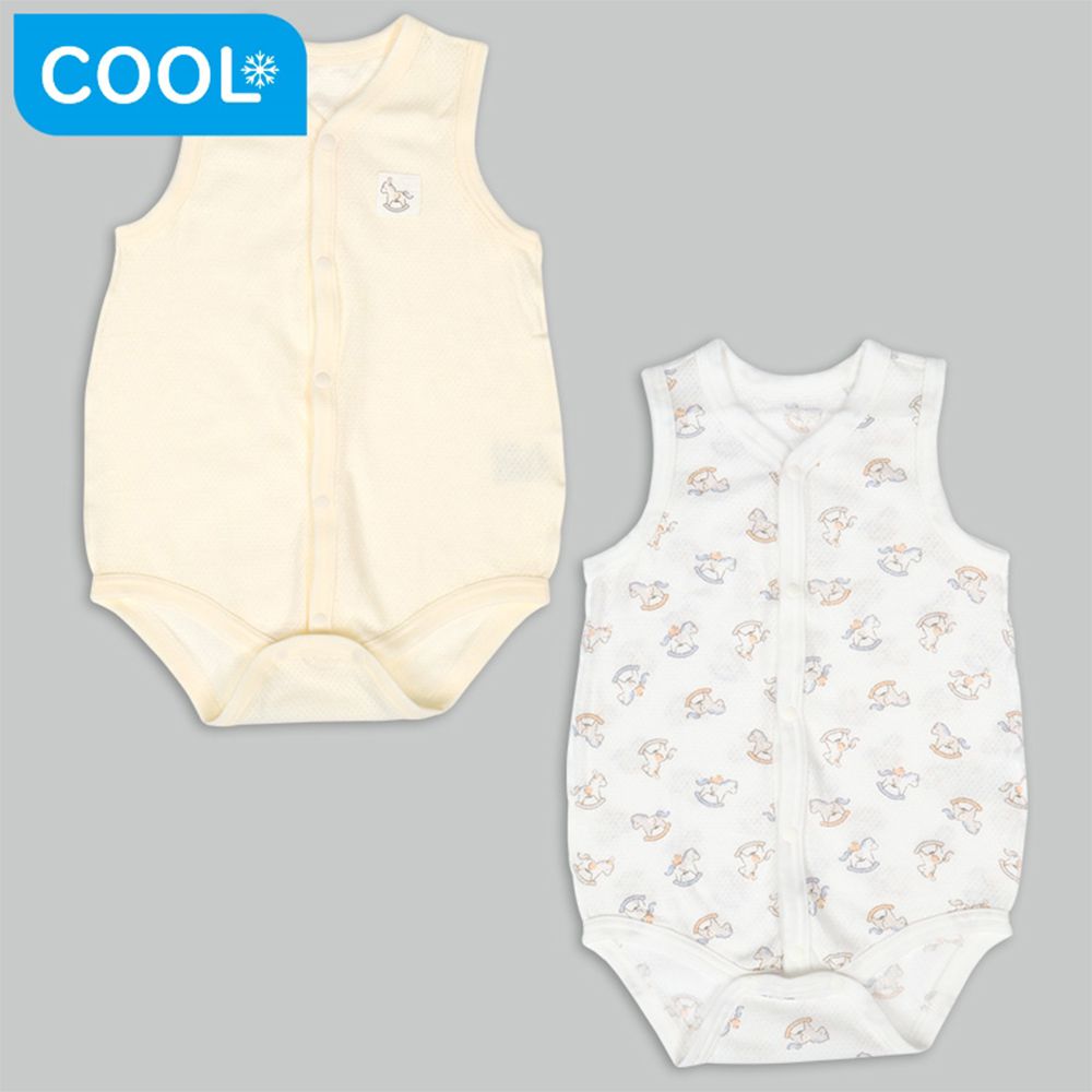 無袖網眼包屁衣2件組 前開式-木馬-象牙白色