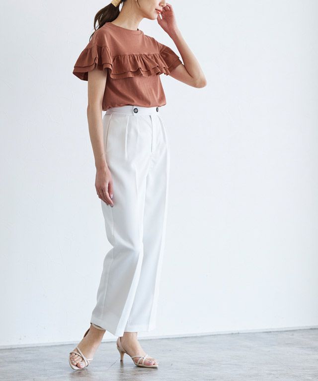 日本 Pierrot - 甜美氣質荷葉滾邊短袖上衣-磚紅橘