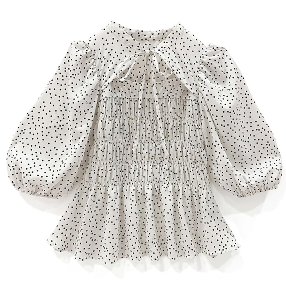 日本 GRL - 法式浪漫綁帶泡泡袖上衣-水玉點點-天使白