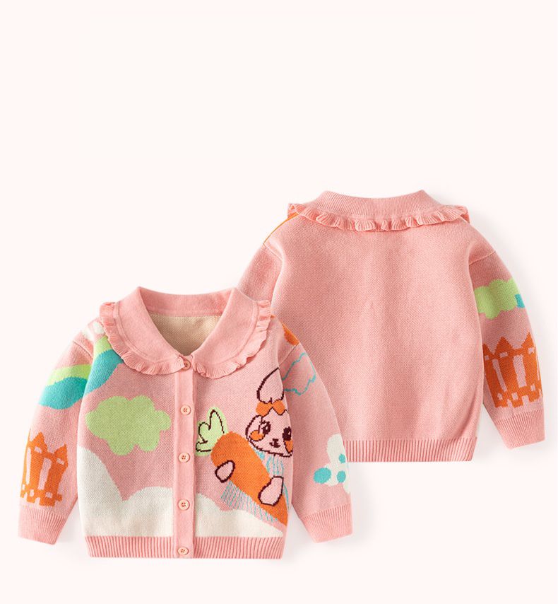 純棉花邊領針織排釦外套-蘿蔔兔兔-粉色