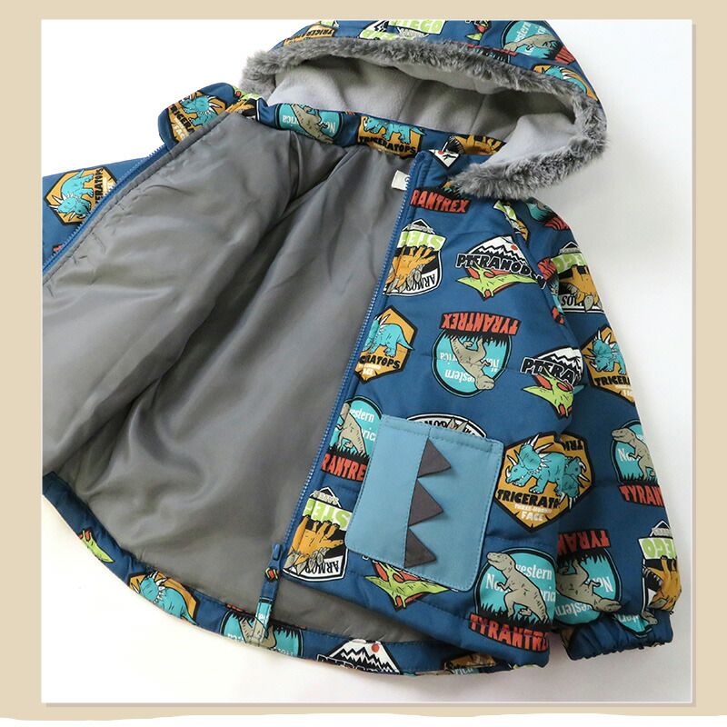 日本 ZOOLAND - 防寒防潑水鋪棉保暖外套-恐龍徽章-海軍藍