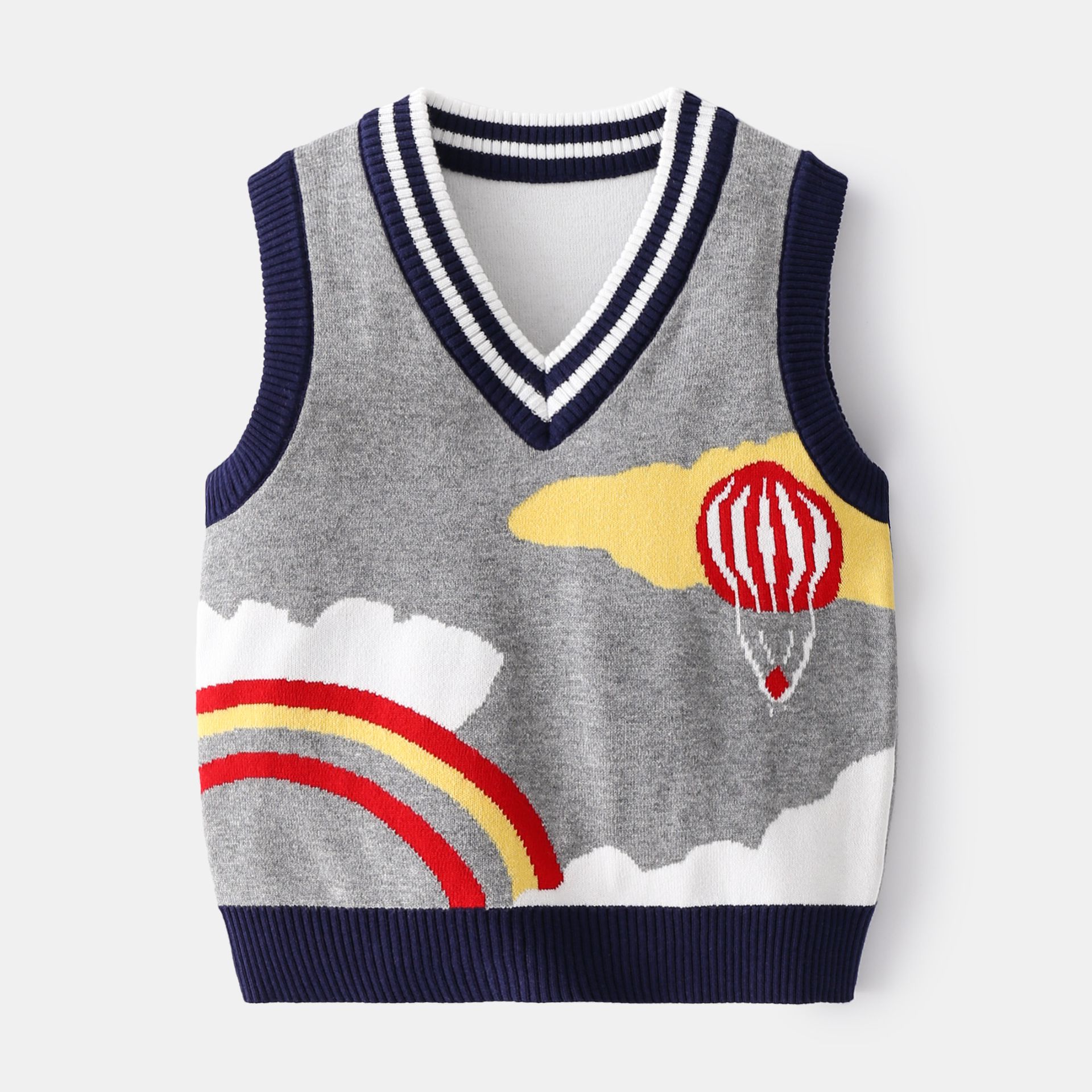 WELLKIDS - V領針織開衫背心-熱氣球-紅+藍