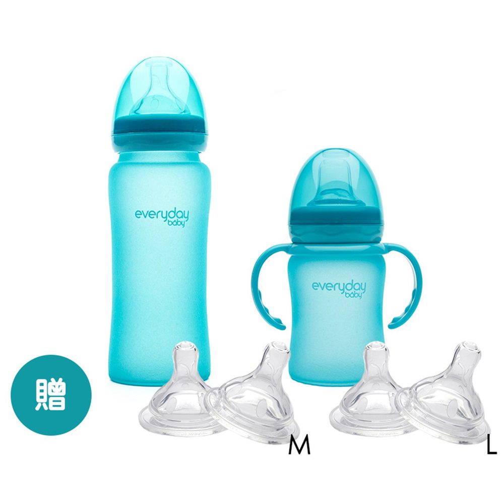 瑞典 everyday baby - MilkHero 寬口徑防護感溫變色玻璃奶瓶-超值實用組-海洋藍-奶瓶-150ml-含可拆式握把x1+300mlx1/奶嘴-Mx1+Lx1+買贈親膚實感安心奶嘴x4