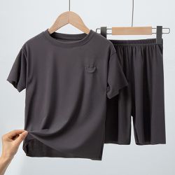 親子冰絲短袖家居服套裝/空調服-笑臉-深灰