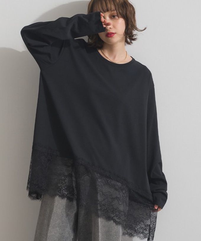 日本 ELENCARE DUE - 唯美蕾絲不規則下擺長袖上衣-咖啡