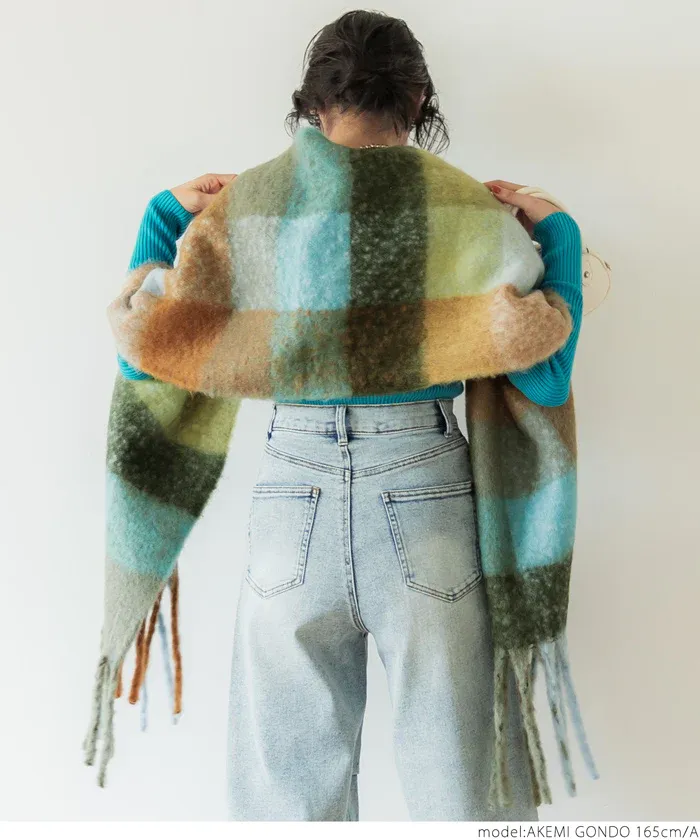 日本 COCA - 毛海大流蘇格紋圍巾/披肩-杏黃