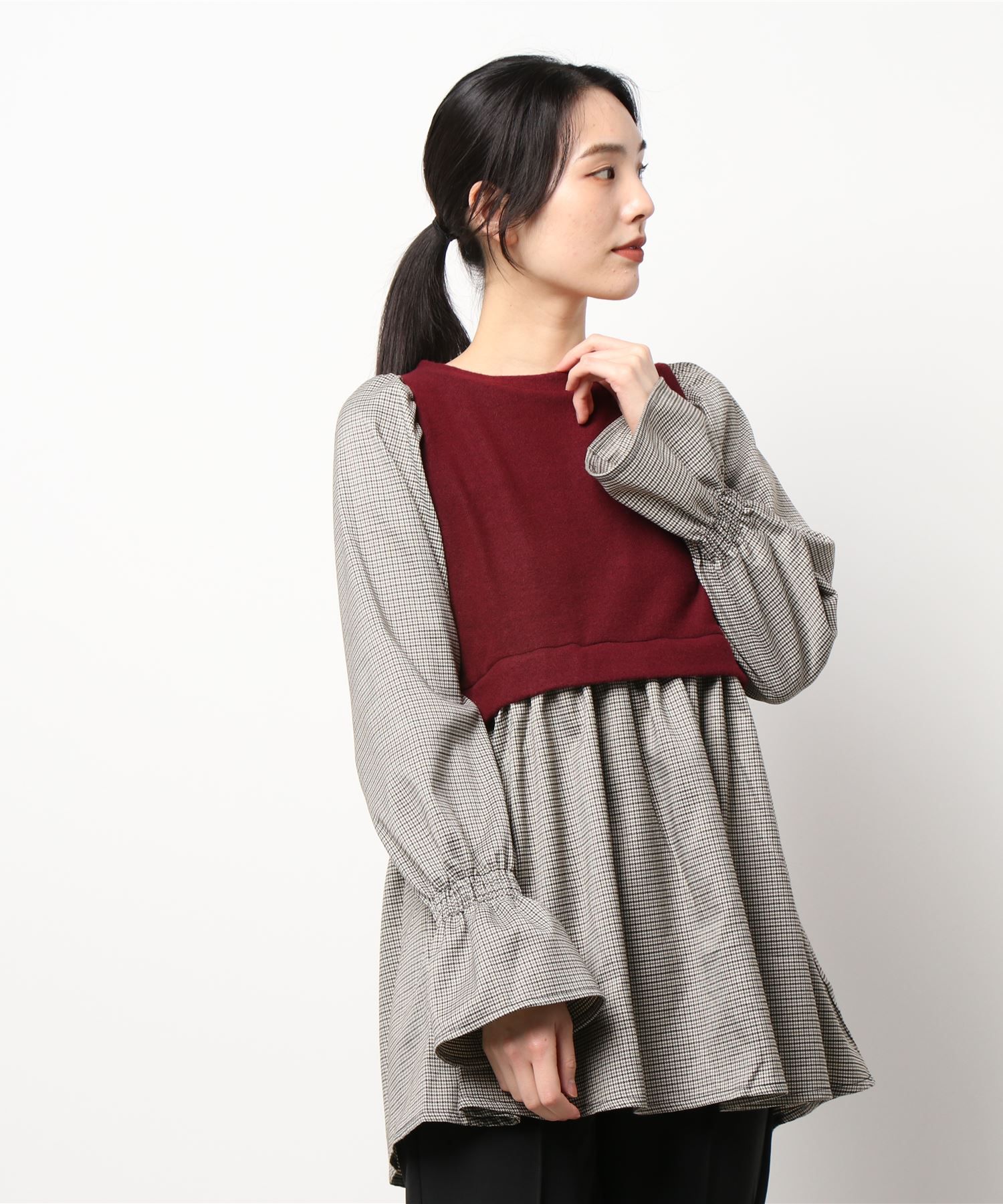 日本 Riche Glamour - 假兩件造型 小格紋長袖X背心-黑