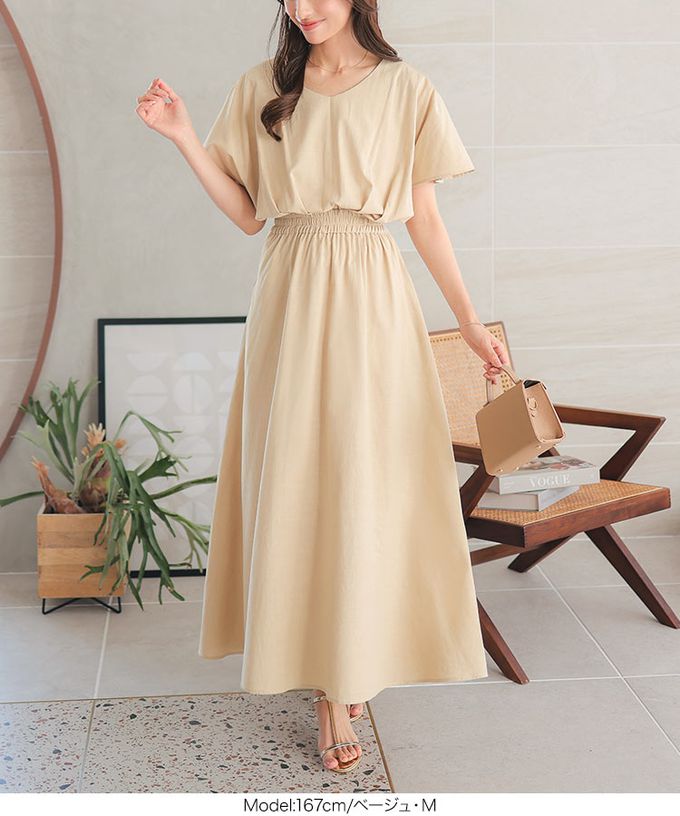 日本 Kobe Lettuce - 亞麻度假感V領修身束腰洋裝-活力黃 (M)