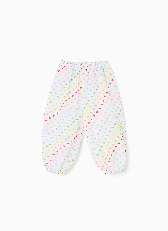 韓國 OZKIZ - 鬆緊腰滿版印花縮口防蚊褲-彩色愛心-淡粉