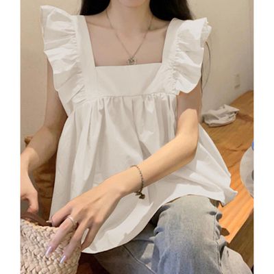 日本 GRL - 甜美荷葉背後綁帶傘狀背心-無暇白 (M)