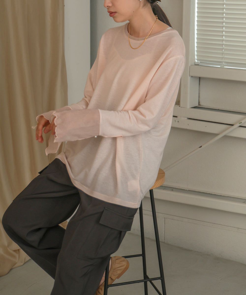 日本 Bab - 楊柳拼接珍珠薄長袖上衣-米杏