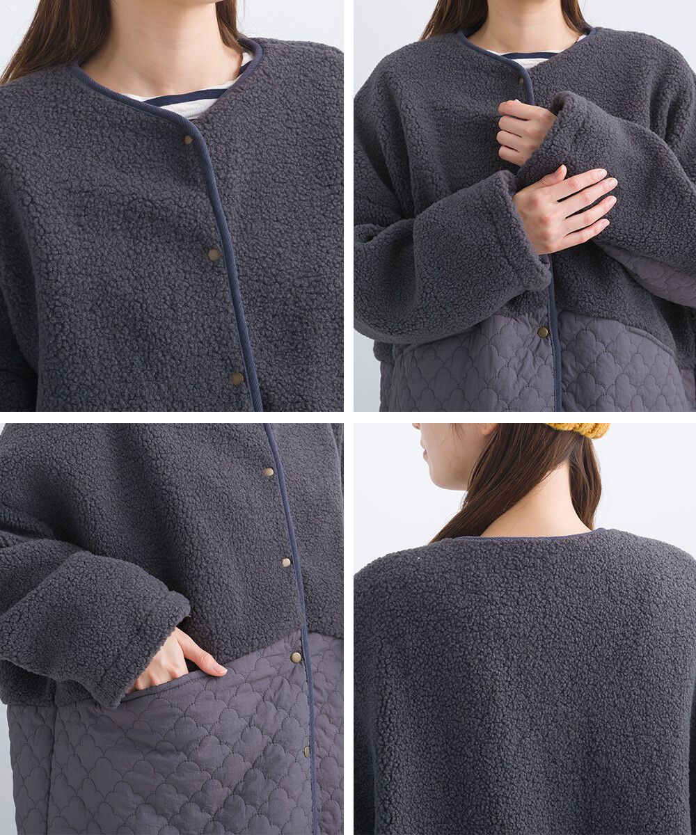 日本女裝代購 - 毛茸雲朵絎縫拼接長版鋪棉外套-軍綠