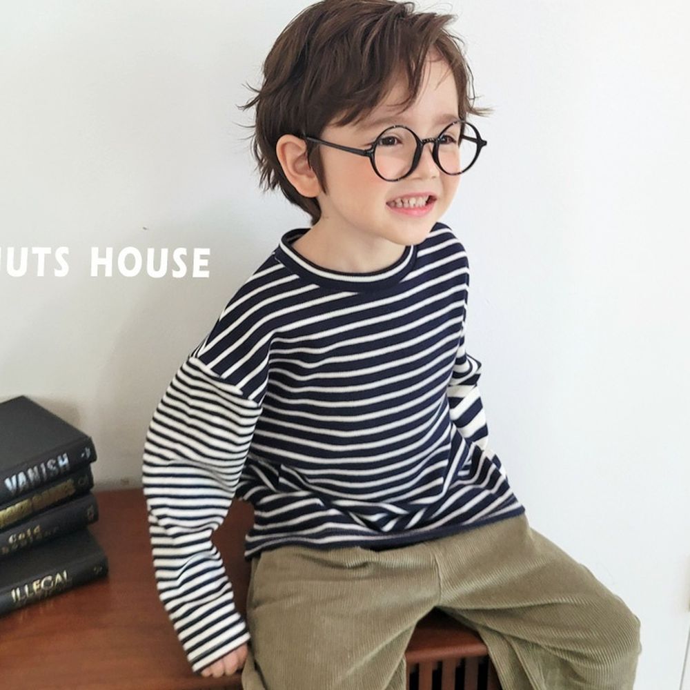 Peanuts House 不對稱條紋長袖上衣-海軍藍