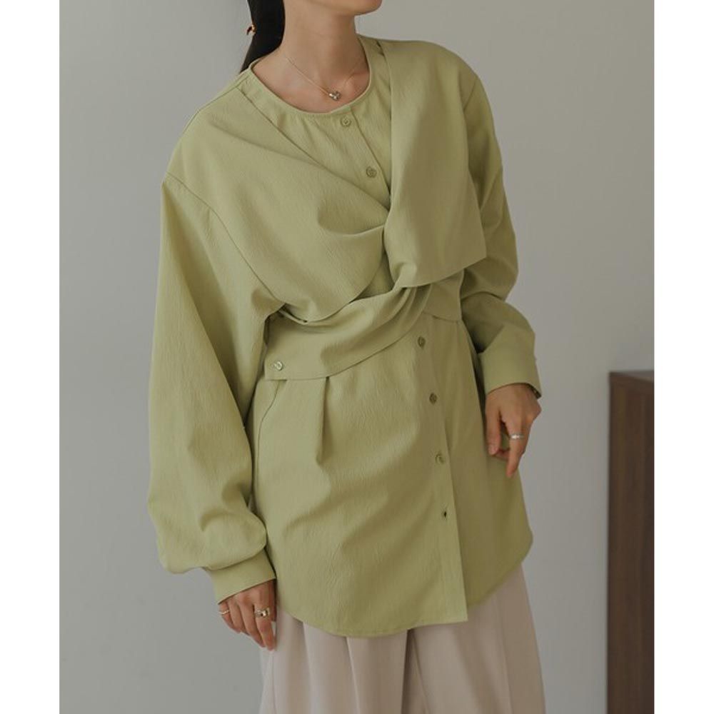日本 Bab - 時尚扭結設計長袖襯衫-淺綠