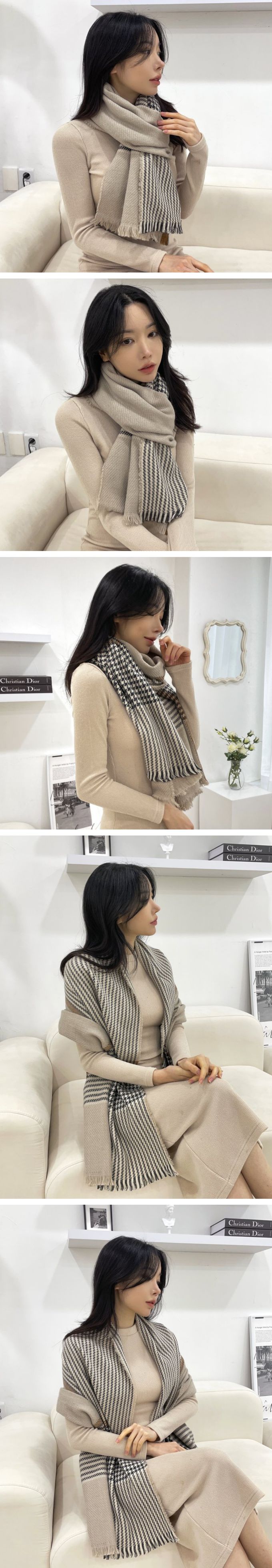 韓國 MAY - 千鳥紋間隔披肩圍巾-深藍