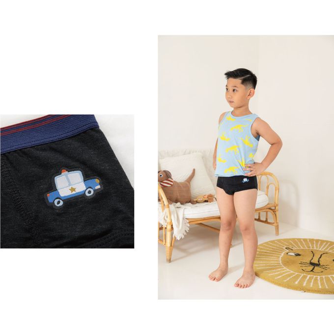 貝柔 Peilou - 天絲棉舒膚平衡童男三角褲-貼布繡-警車-黑