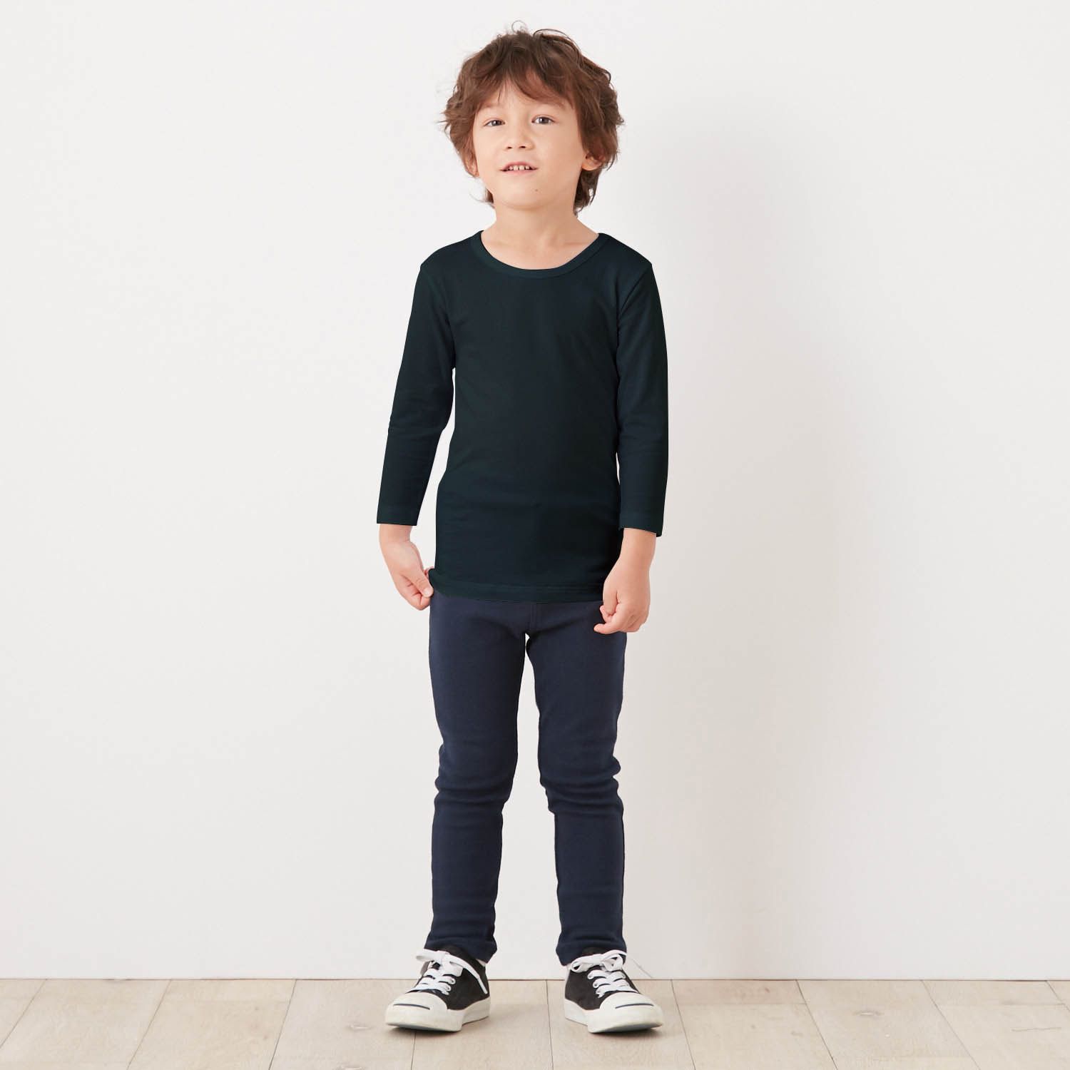 日本千趣會 - 95%棉 兒童圓領九分袖發熱衣-灰白條紋