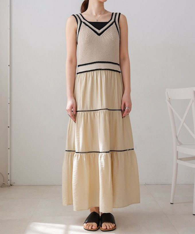 日本 Bab - 純棉針織拼接渡假風無袖洋裝-淺灰綠