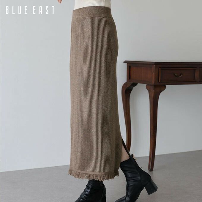 日本 BLUE EAST - 微閃亮羅紋針織流蘇開叉鉛筆裙-摩卡