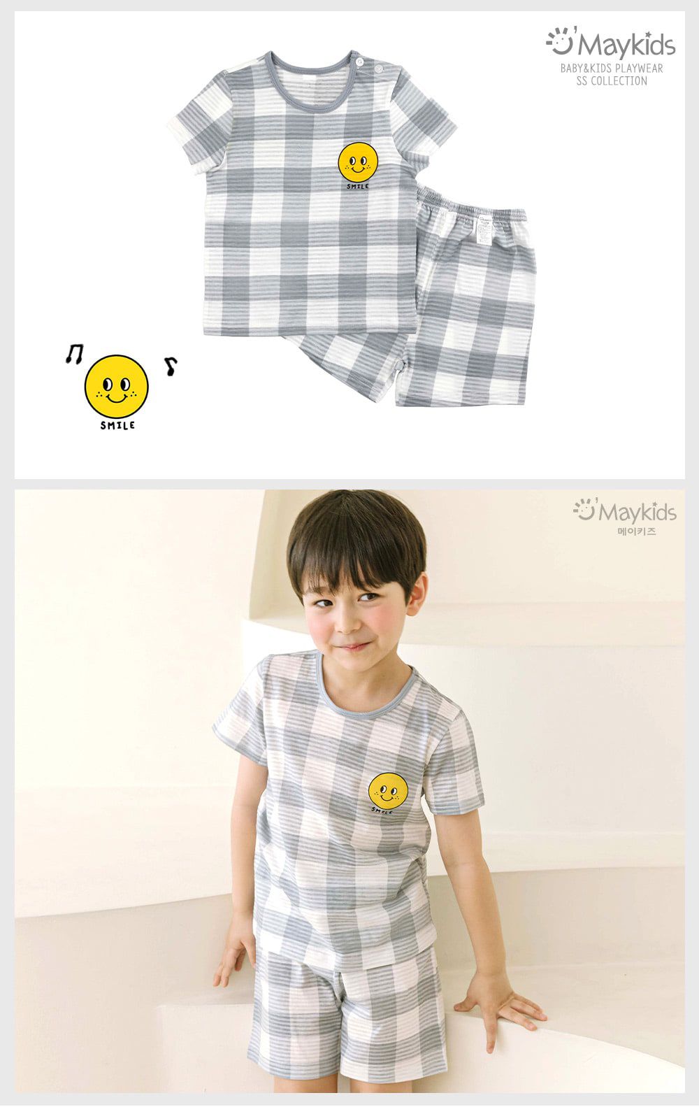 韓國 Maykids - 有機棉透氣輕薄短袖家居服-格子灰