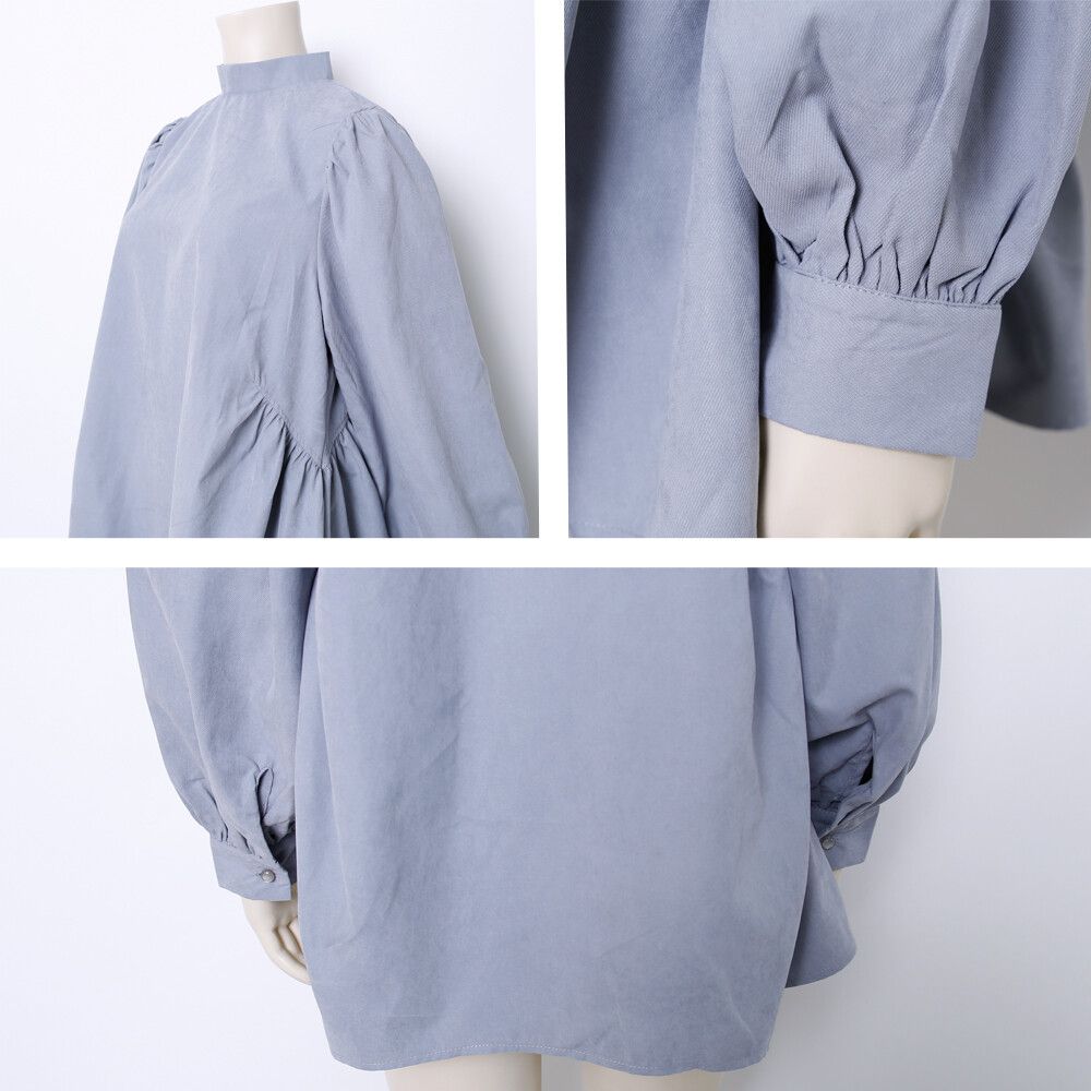 日本女裝代購 - 後蝴蝶結綁帶燈籠袖長袖上衣-灰藍 (M(Free size))
