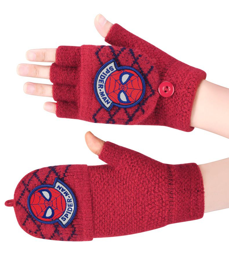 兒童翻蓋保暖半指手套-卡通人物蜘蛛人-紅色 (建議5-8歲)
