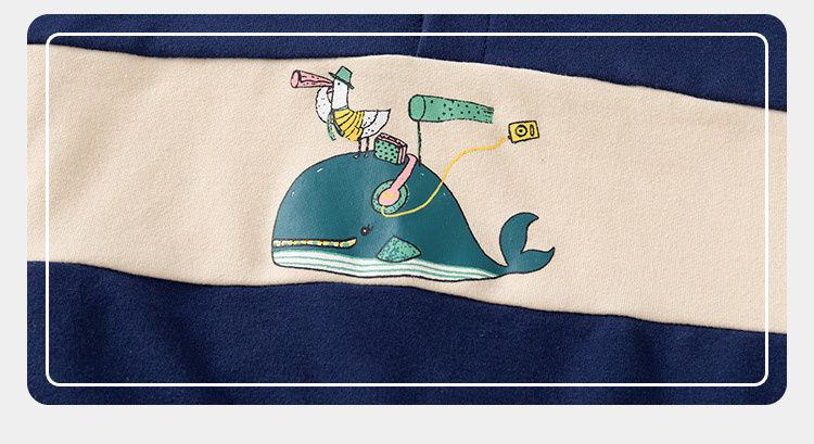 WELLKIDS - 翻領拼色長袖上衣/大學T-鯨魚-深藍+卡其