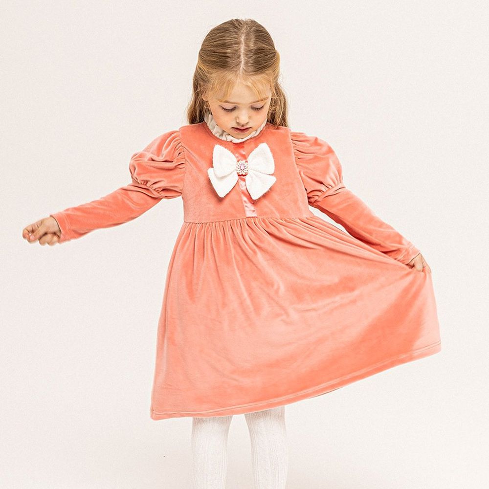 雅緻寶石蝴蝶結天鵝絨公主洋裝-粉橘