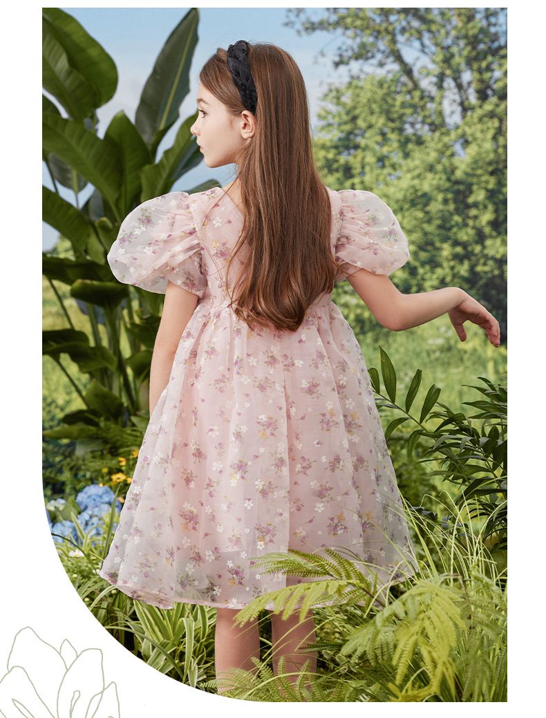 Little Deeyoo - 浪漫公主袖網紗連身洋裝-滿滿碎花-粉色