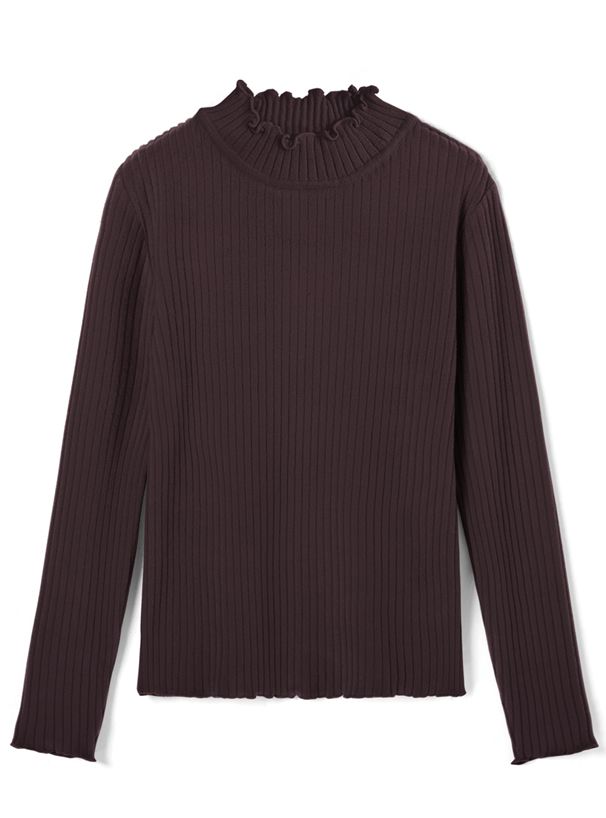 日本 GRL - 百搭木耳領羅紋長袖上衣-深可可