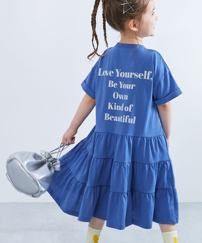 日本 devirock - 天竺棉舒適分層短袖洋裝-背後標語-皇室藍