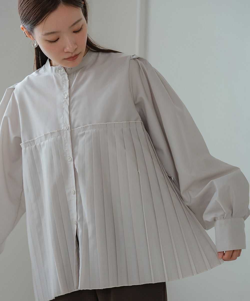 日本 Bab - 歐風百褶拼接泡泡袖襯衫-灰棕