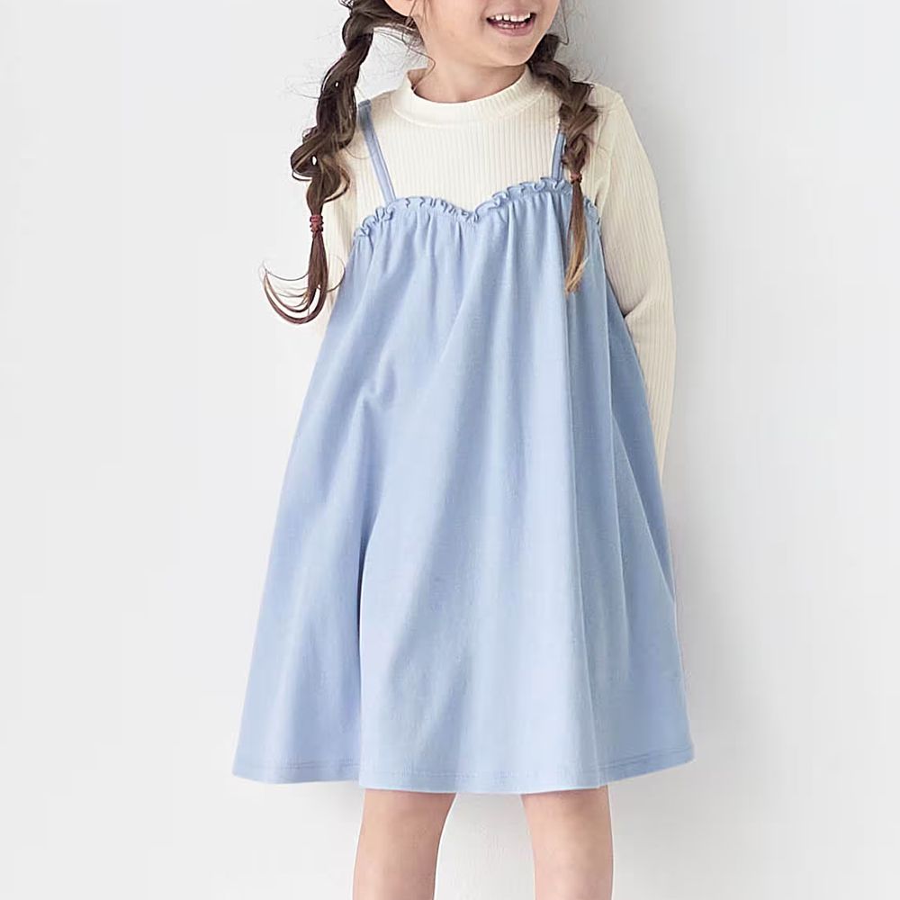 假兩件式吊帶長袖洋裝-素面-天藍