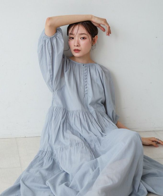 日本 Bab - 100%棉 巴里紗柔軟素色寬袖洋裝-水藍 (S)