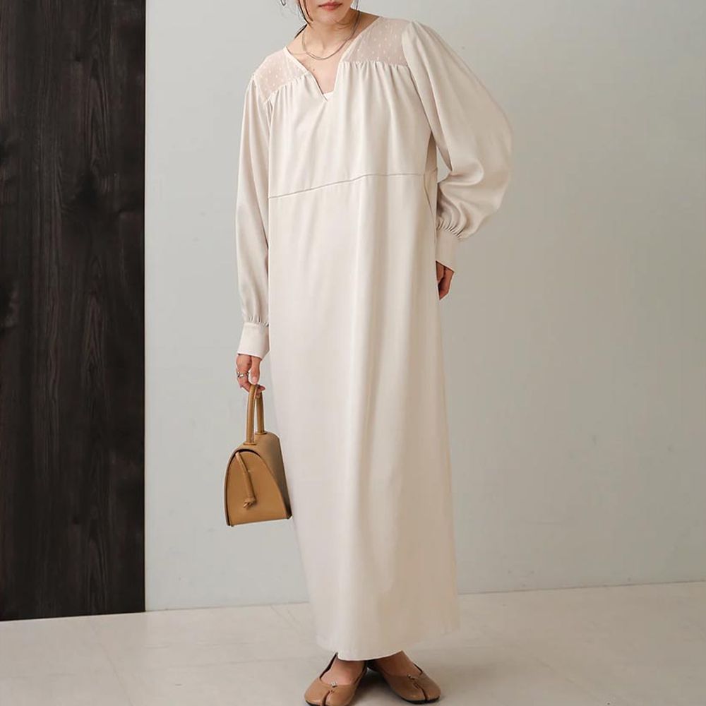 優雅蕾絲拼接背綁帶長袖洋裝-米