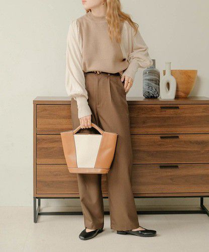 日本 Bou Jeloud - 細針織拼接泡泡袖上衣-淺卡其