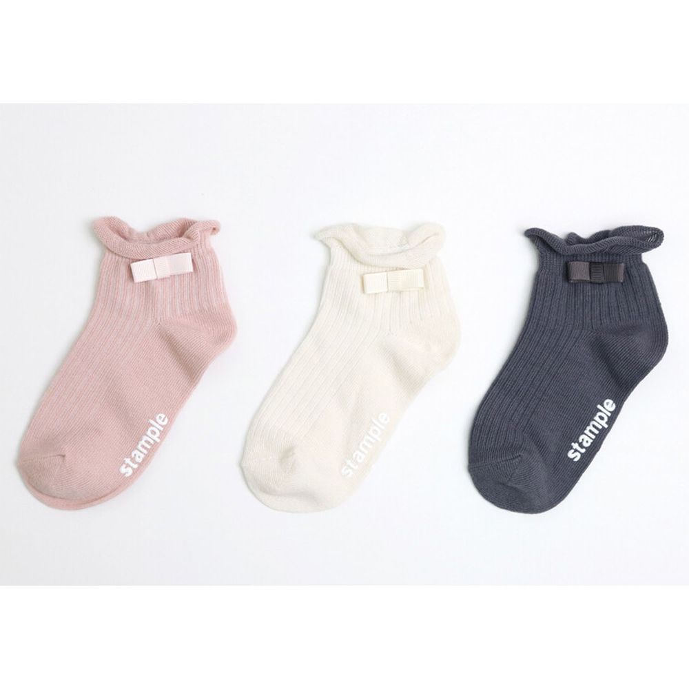 日本 stample - (兒童)中筒襪-超值三雙組-捲邊蝴蝶結-粉x米x深藍