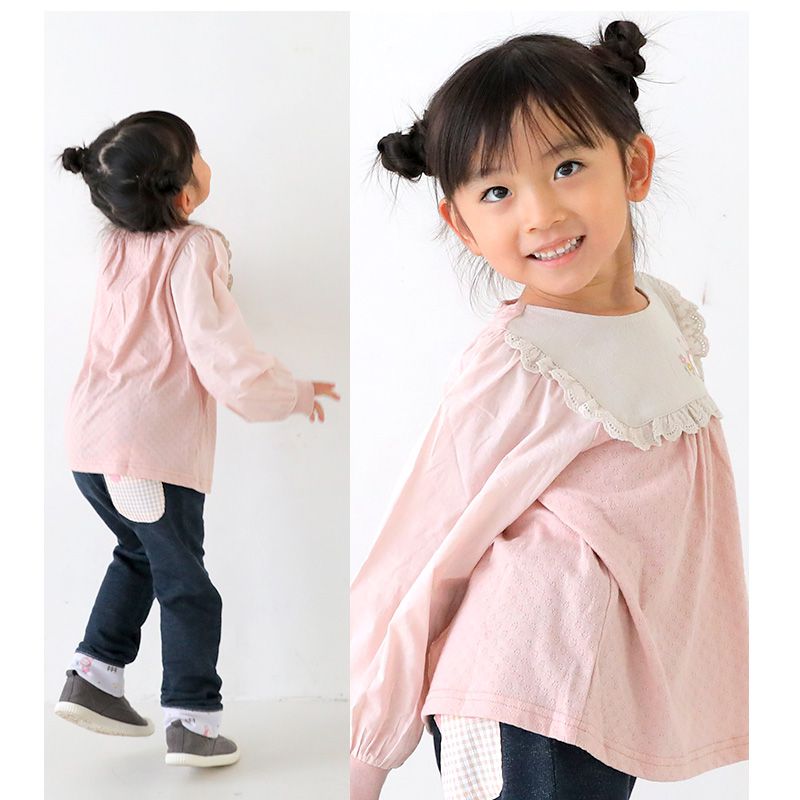 日本 ZOOLAND - 童趣印花拼接長袖上衣-荷葉領兔兔-淺粉