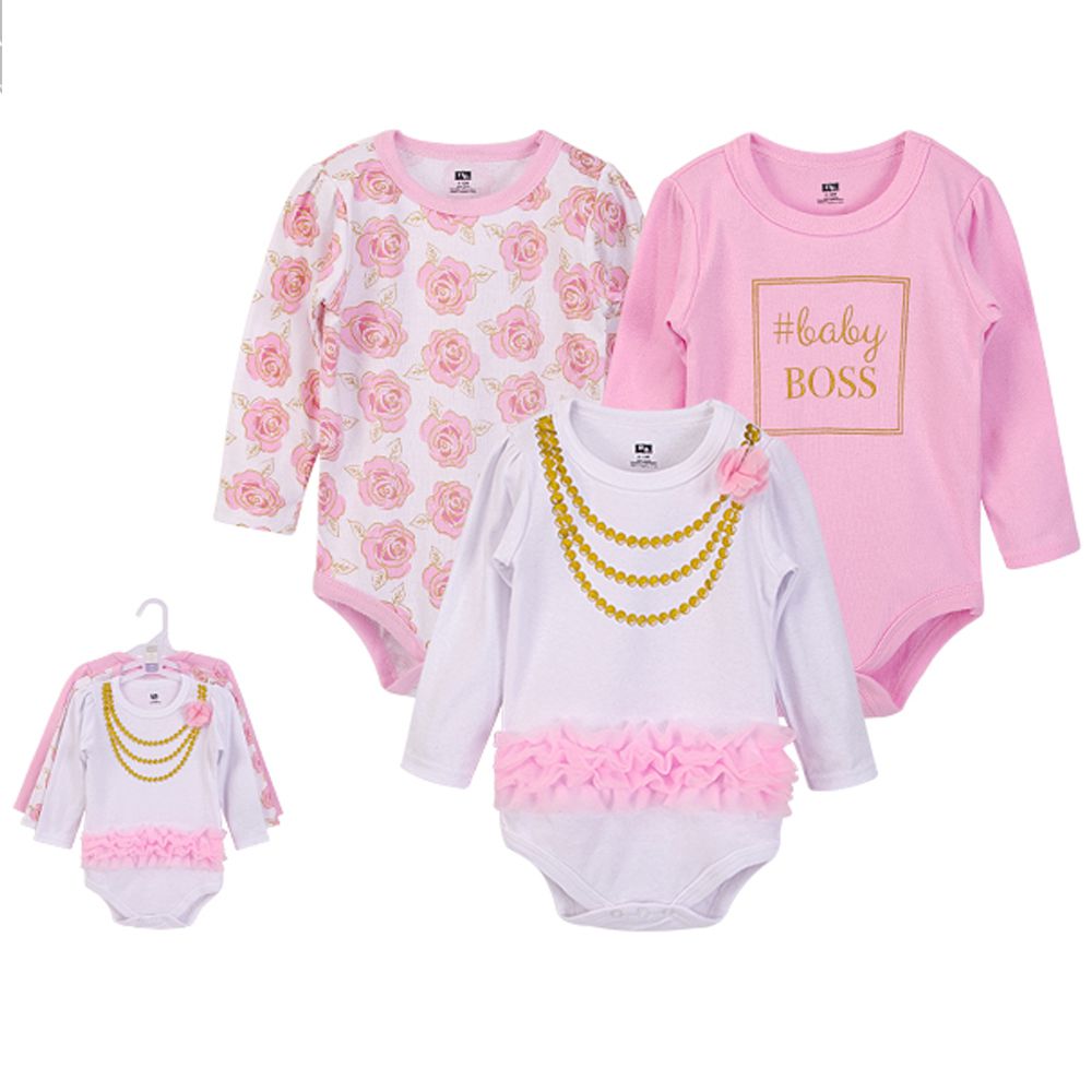 美國 Luvable Friends - 甜蜜寶貝嬰幼兒100%純棉長袖包屁衣3件組-玫瑰公主