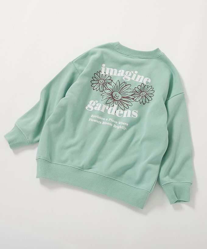 日本 devirock - 熱銷定番 女孩印花縮口長袖上衣-花朵-薄荷綠