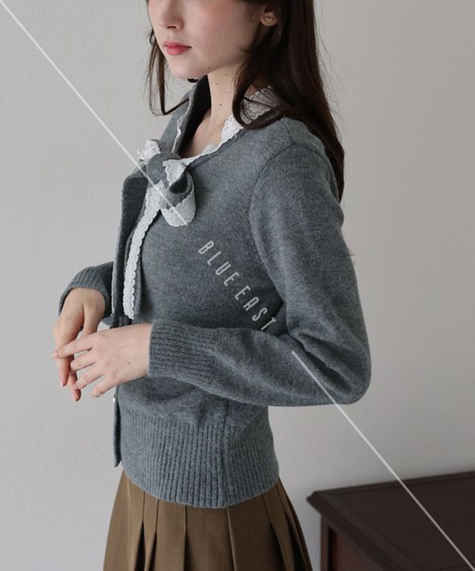 日本 BLUE EAST - 少女爛漫蕾絲蝴蝶結開襟衫-黑