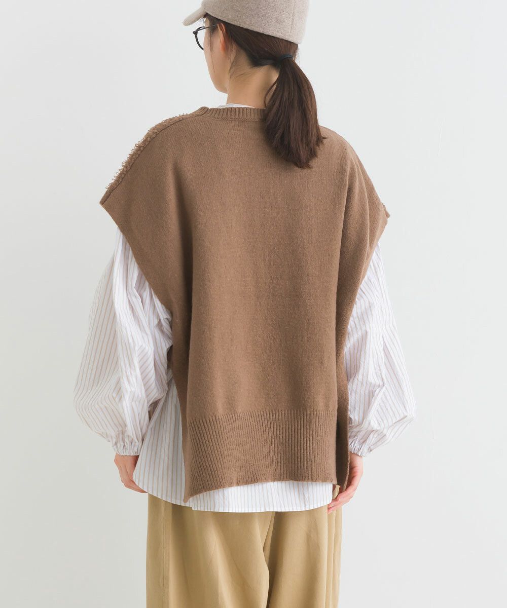 日本女裝代購 - 圓領編織紋拼接針織背心-咖啡