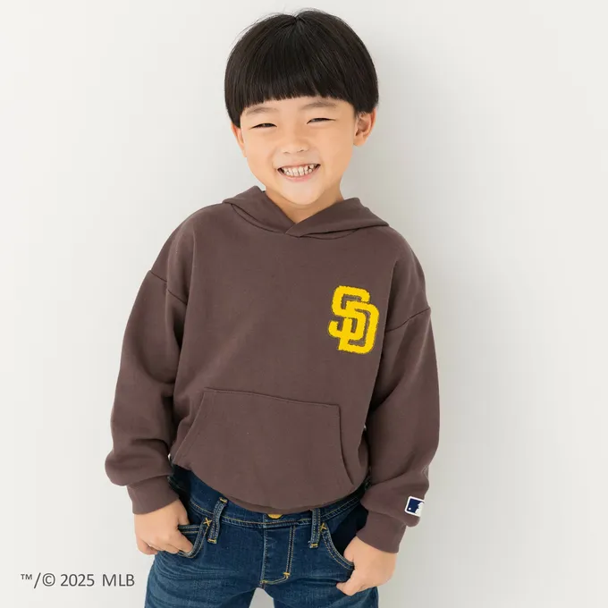 日本 Chil2 - MLB聯名 立體刺繡連帽長袖上衣-洛杉磯道奇-燕麥