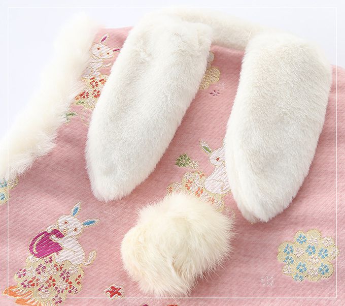 love, charlotte - 小兔子粉色提花絨鋪棉拜年洋裝套組-背心＋短裙兩件套裝搭配羊毛氈流蘇髮夾