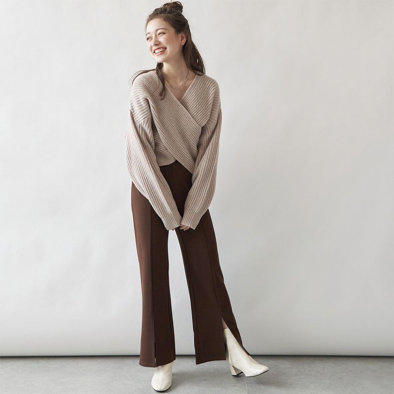 日本 Rejoule - 交叉V領坑羅紋針織毛衣-杏 (M(Free size))