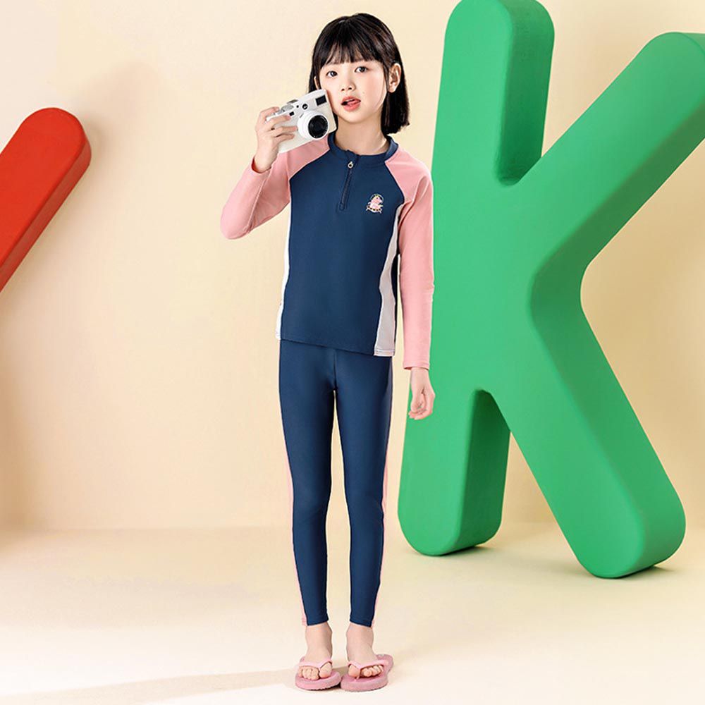 YUKE - 女寶長袖長褲防曬泳裝套裝-粉+藍