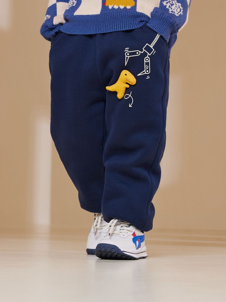 加絨腰鬆緊休閒保暖束口長褲-夾娃娃機恐龍-深藍色