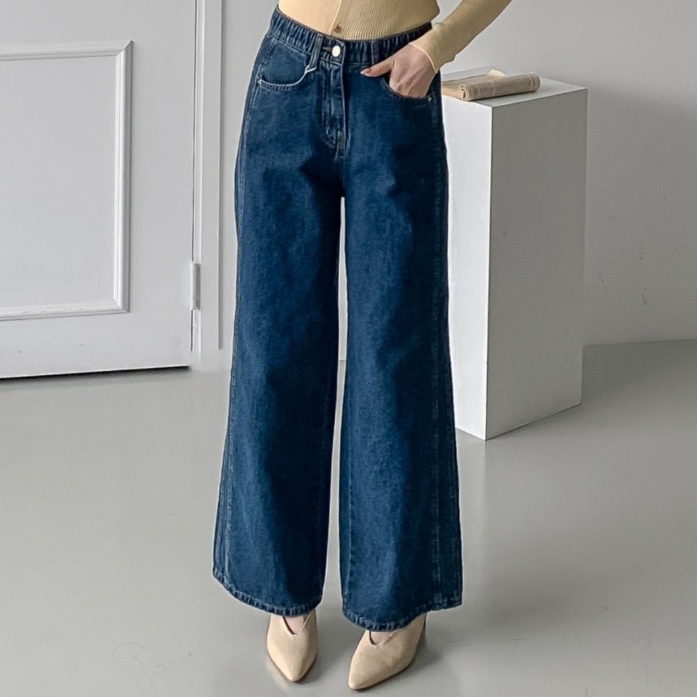 EDITION 彈性腰拼接切線感丹寧直筒寬褲-深藍